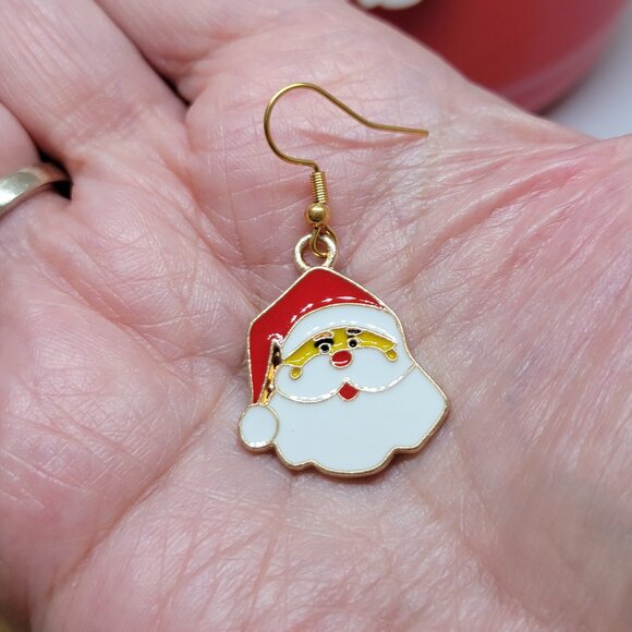 Santa Claus Dangle Earrings Stainless Steel Enamel 1 1/2" Drop Red White New - Picture 2 of 6